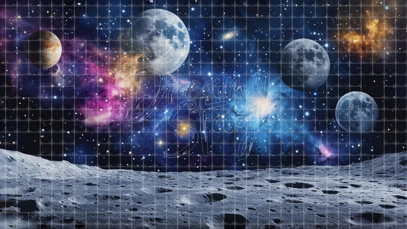 Cosmic Moon Surface Space digital stage backdrop for theatre projection, dance recital, school musical, community theatre, LED screen background, and printable stage scenery. Suitable for The Little Prince, Little Prince, Peter and the Starcatcher inspired productions,