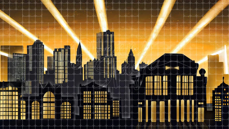Black City Skyline Spotlight digital stage backdrop for theatre projection, dance recital, school musical, community theatre, LED screen background, and printable stage scenery. Suitable for Around the World in 80 Days, Around the World, Anything Goes inspired productions,