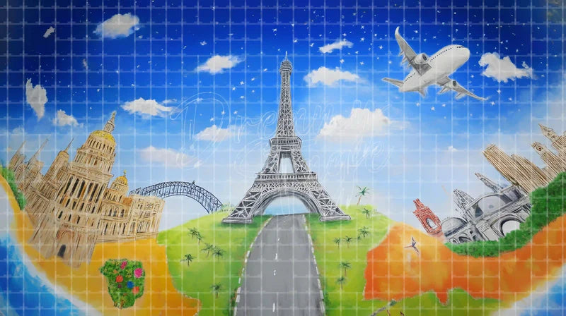 World Travel Map digital stage backdrop for theatre projection, dance recital, school musical, community theatre, LED screen background, and printable stage scenery. Suitable for Around the World in 80 Days, Around the World, Anything Goes inspired productions,