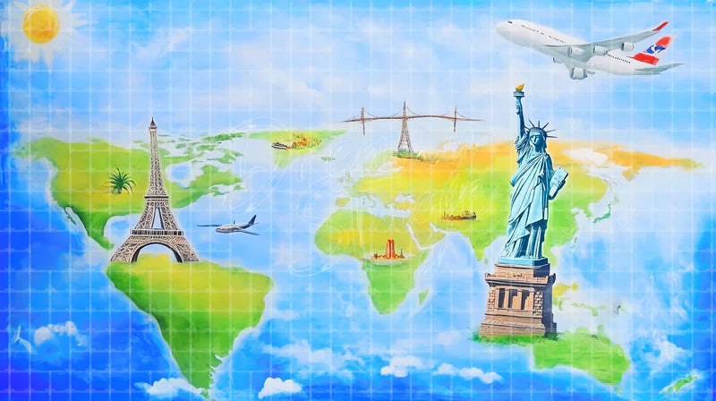 Airplane World Landmarks Map digital stage backdrop for theatre projection, dance recital, school musical, community theatre, LED screen background, and printable stage scenery. Suitable for Around the World in 80 Days, Around the World, Anything Goes inspired productions,