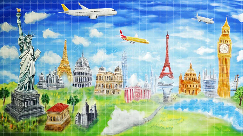 Global Landmarks Travel digital stage backdrop for theatre projection, dance recital, school musical, community theatre, LED screen background, and printable stage scenery. Suitable for Around the World in 80 Days, Around the World, Anything Goes inspired productions,