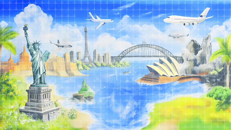 World Map Landmarks digital stage backdrop for theatre projection, dance recital, school musical, community theatre, LED screen background, and printable stage scenery. Suitable for Around the World in 80 Days, Around the World, Anything Goes inspired productions,