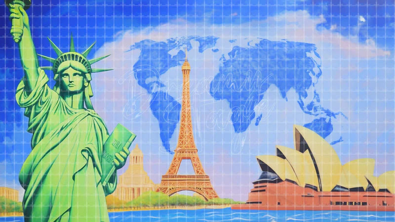 Statue Eiffel Opera House World Map digital stage backdrop for theatre projection, dance recital, school musical, community theatre, LED screen background, and printable stage scenery. Suitable for Around the World in 80 Days, Around the World, Anything Goes inspired productions,