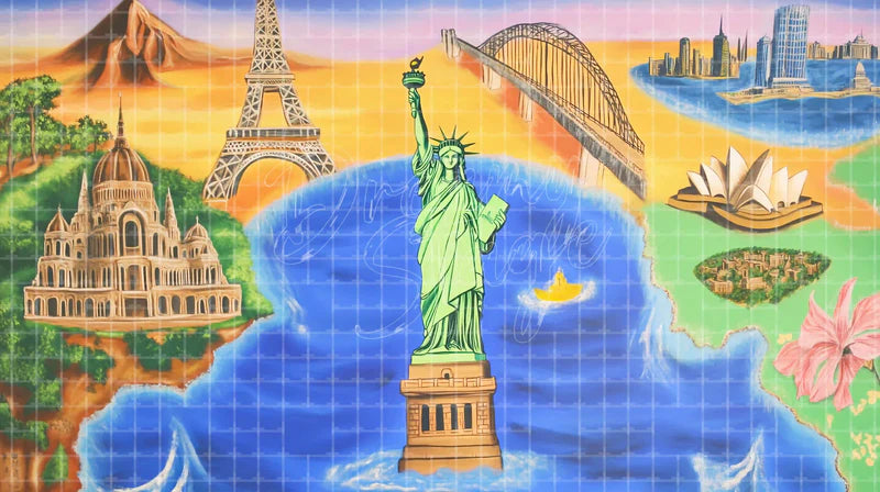 Colorful Global Landmarks digital stage backdrop for theatre projection, dance recital, school musical, community theatre, LED screen background, and printable stage scenery. Suitable for Around the World in 80 Days, Around the World, Anything Goes inspired productions,