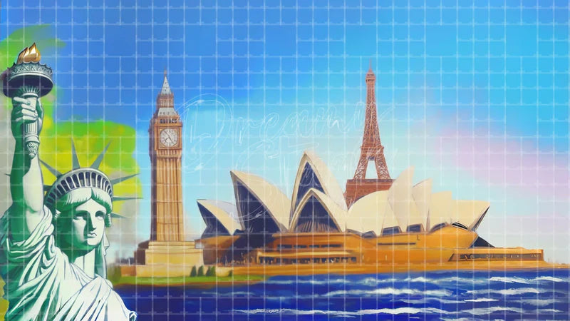International Icons Map digital stage backdrop for theatre projection, dance recital, school musical, community theatre, LED screen background, and printable stage scenery. Suitable for Around the World in 80 Days, Around the World, Anything Goes inspired productions,