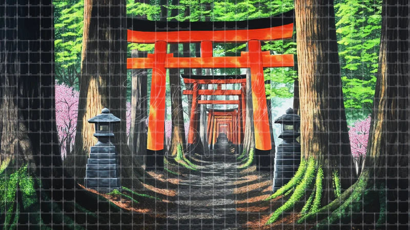 Japanese Torii Gate Forest digital stage backdrop for theatre projection, dance recital, school musical, community theatre, LED screen background, and printable stage scenery. Suitable for The King and I, King and I, Madama Butterfly inspired productions,