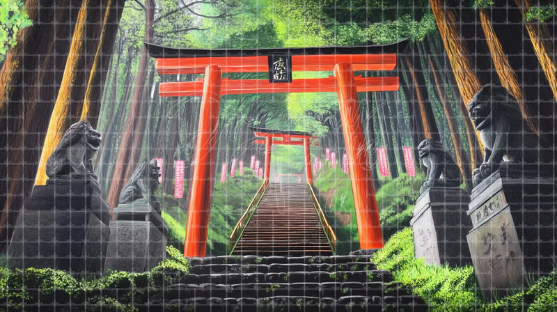 Red Torii Shrine Path digital stage backdrop for theatre projection, dance recital, school musical, community theatre, LED screen background, and printable stage scenery. Suitable for The King and I, King and I, Madama Butterfly inspired productions,