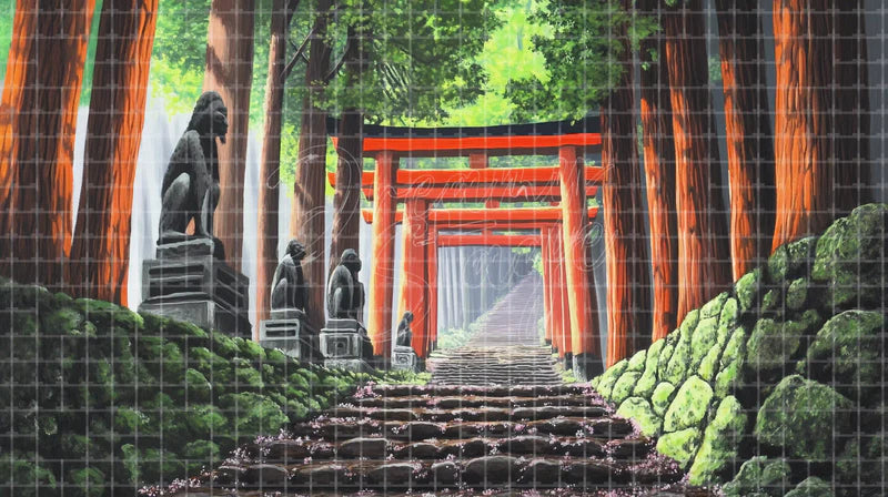Japanese Forest Shrine digital stage backdrop for theatre projection, dance recital, school musical, community theatre, LED screen background, and printable stage scenery. Suitable for The King and I, King and I, Madama Butterfly inspired productions,