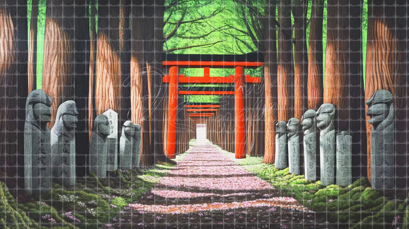 Torii Gate Stone Lantern digital stage backdrop for theatre projection, dance recital, school musical, community theatre, LED screen background, and printable stage scenery. Suitable for The King and I, King and I, Madama Butterfly inspired productions,