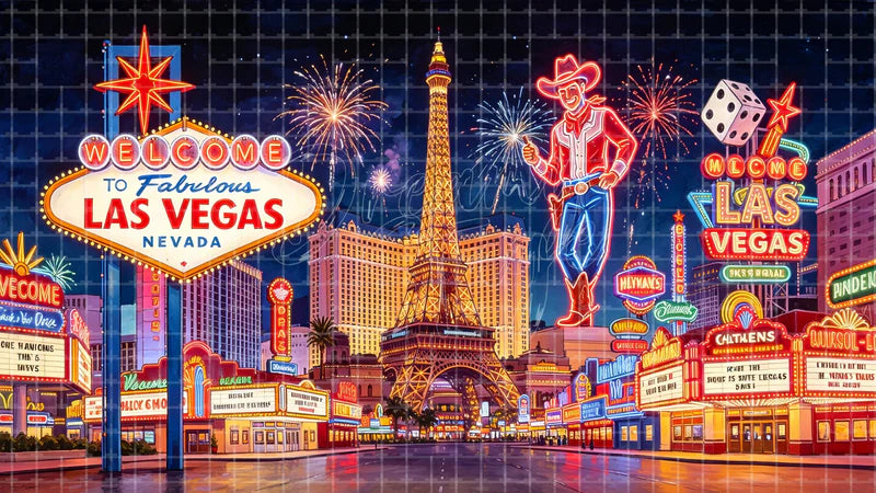 Las Vegas Neon City digital stage backdrop for theatre projection, dance recital, school musical, community theatre, LED screen background, and printable stage scenery. Suitable for Guys and Dolls, Viva Las Vegas, All Shook Up inspired productions,