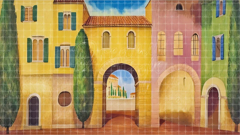 Colorful Venice Street Canal digital stage backdrop for theatre projection, dance recital, school musical, community theatre, LED screen background, and printable stage scenery. Suitable for The Light in the Piazza, Light in the Piazza, The Gondoliers inspired productions,