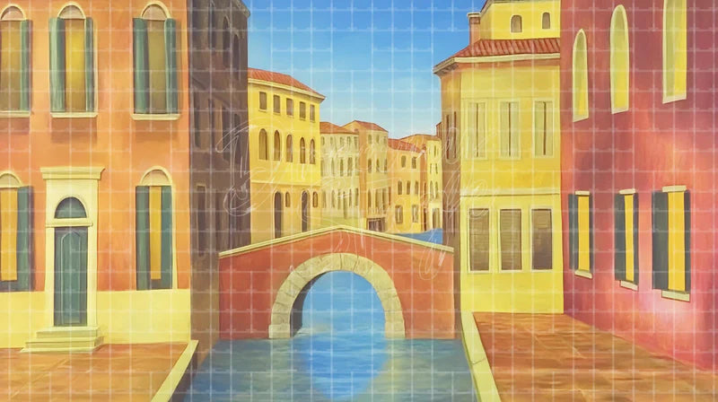 Venice Bridge City Canal digital stage backdrop for theatre projection, dance recital, school musical, community theatre, LED screen background, and printable stage scenery. Suitable for The Light in the Piazza, Light in the Piazza, The Gondoliers inspired productions,