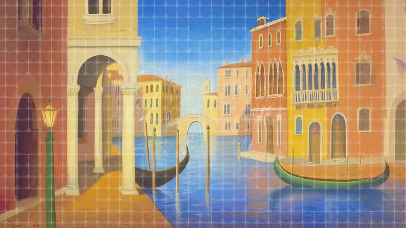Venice Gondola Canal digital stage backdrop for theatre projection, dance recital, school musical, community theatre, LED screen background, and printable stage scenery. Suitable for The Light in the Piazza, Light in the Piazza, The Gondoliers inspired productions,