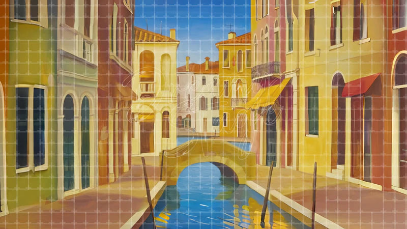 Venice Narrow Canal digital stage backdrop for theatre projection, dance recital, school musical, community theatre, LED screen background, and printable stage scenery. Suitable for The Light in the Piazza, Light in the Piazza, The Gondoliers inspired productions,