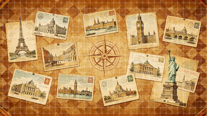Vintage Travel Postcards digital stage backdrop for theatre projection, dance recital, school musical, community theatre, LED screen background, and printable stage scenery. Suitable for Around the World in 80 Days, Around the World, Anything Goes inspired productions,