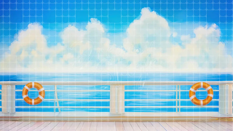 Cruise Ship Deck Ocean digital stage backdrop for theatre projection, dance recital, school musical, community theatre, LED screen background, and printable stage scenery. Suitable for Around the World in 80 Days, Around the World, Anything Goes inspired productions,