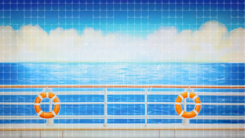 Cruise Ship Rail Sea Horizon digital stage backdrop for theatre projection, dance recital, school musical, community theatre, LED screen background, and printable stage scenery. Suitable for Around the World in 80 Days, Around the World, Anything Goes inspired productions,