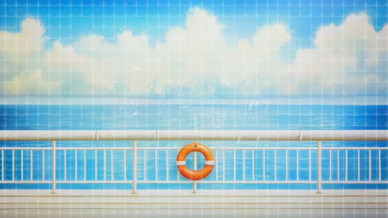 Blue Cruise Deck Ocean digital stage backdrop for theatre projection, dance recital, school musical, community theatre, LED screen background, and printable stage scenery. Suitable for Around the World in 80 Days, Around the World, Anything Goes inspired productions,
