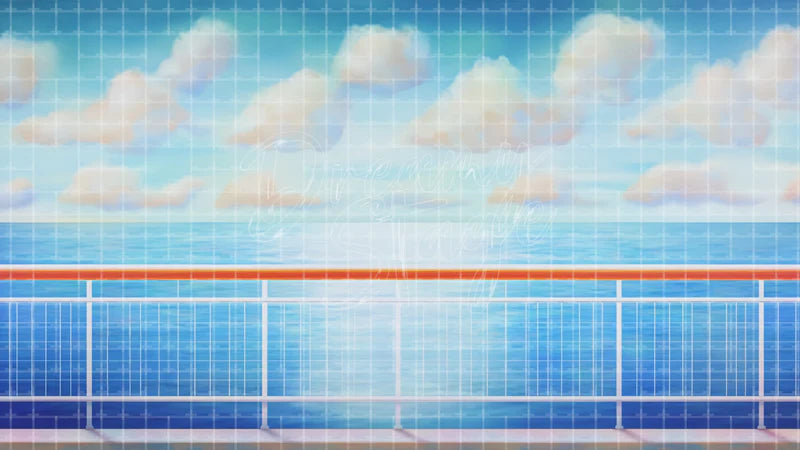 Open Sea Cruise Rail digital stage backdrop for theatre projection, dance recital, school musical, community theatre, LED screen background, and printable stage scenery. Suitable for Around the World in 80 Days, Around the World, Anything Goes inspired productions,