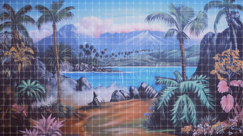 Tropical Island Bay digital stage backdrop for theatre projection, dance recital, school musical, community theatre, LED screen background, and printable stage scenery. Suitable for Moana, The Little Mermaid, Little Mermaid inspired productions,