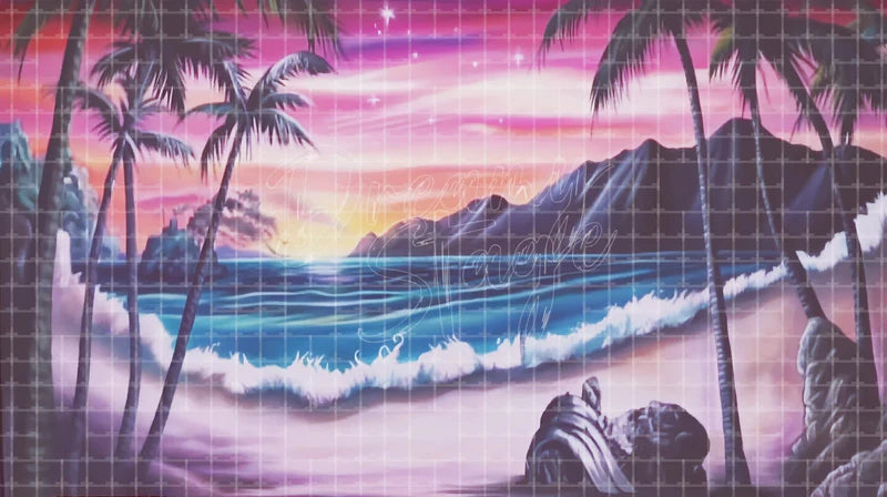 Pink Palm Island Sunset digital stage backdrop for theatre projection, dance recital, school musical, community theatre, LED screen background, and printable stage scenery. Suitable for Moana, The Little Mermaid, Little Mermaid inspired productions,