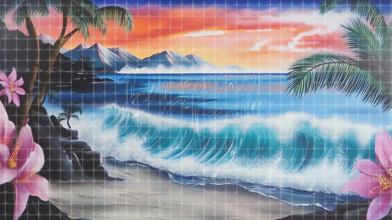 Tropical Wave Beach digital stage backdrop for theatre projection, dance recital, school musical, community theatre, LED screen background, and printable stage scenery. Suitable for Moana, The Little Mermaid, Little Mermaid inspired productions,