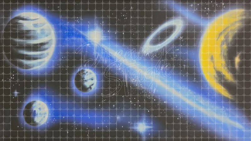 Blue Galaxy Planets digital stage backdrop for theatre projection, dance recital, school musical, community theatre, LED screen background, and printable stage scenery. Suitable for The Little Prince, Little Prince, Peter and the Starcatcher inspired productions,