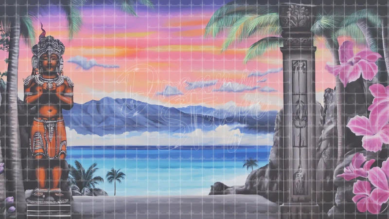 Polynesian Island Sunset digital stage backdrop for theatre projection, dance recital, school musical, community theatre, LED screen background, and printable stage scenery. Suitable for Moana, The Little Mermaid, Little Mermaid inspired productions,