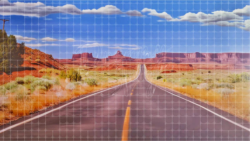 Southwest Desert Road digital stage backdrop for theatre projection, dance recital, school musical, community theatre, LED screen background, and printable stage scenery. Suitable for Oklahoma!, Oklahoma, Annie Get Your Gun inspired productions,