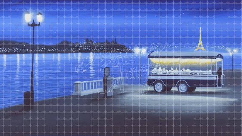 Paris River Night digital stage backdrop for theatre projection, dance recital, school musical, community theatre, LED screen background, and printable stage scenery. Suitable for An American in Paris, American in Paris, Les Misérables inspired productions,