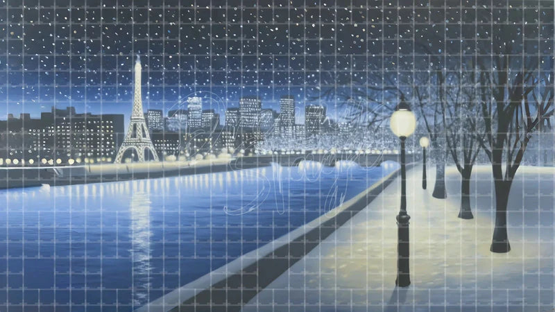Paris Waterfront Streetlight digital stage backdrop for theatre projection, dance recital, school musical, community theatre, LED screen background, and printable stage scenery. Suitable for An American in Paris, American in Paris, Les Misérables inspired productions,