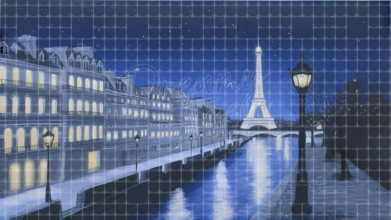 Paris Night Street Eiffel Tower digital stage backdrop for theatre projection, dance recital, school musical, community theatre, LED screen background, and printable stage scenery. Suitable for An American in Paris, American in Paris, Les Misérables inspired productions,
