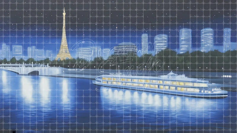 Paris Skyline River digital stage backdrop for theatre projection, dance recital, school musical, community theatre, LED screen background, and printable stage scenery. Suitable for An American in Paris, American in Paris, Les Misérables inspired productions,