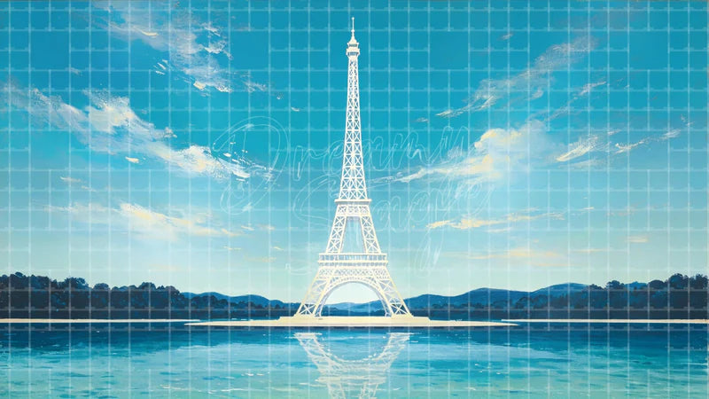 Daytime Eiffel Tower Lake digital stage backdrop for theatre projection, dance recital, school musical, community theatre, LED screen background, and printable stage scenery. Suitable for An American in Paris, American in Paris, Les Misérables inspired productions,
