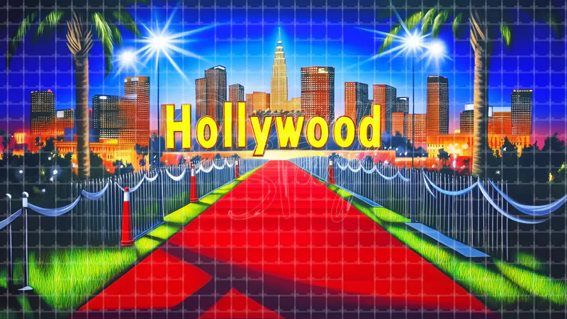Hollywood Red Carpet Night digital stage backdrop for theatre projection, dance recital, school musical, community theatre, LED screen background, and printable stage scenery. Suitable for Singin' in the Rain, Singin in the Rain, 42nd Street inspired productions,