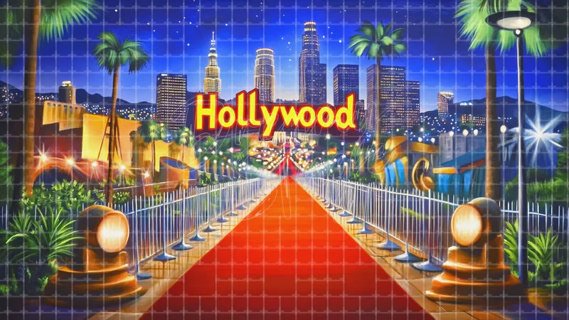 Hollywood City Red Carpet digital stage backdrop for theatre projection, dance recital, school musical, community theatre, LED screen background, and printable stage scenery. Suitable for Singin' in the Rain, Singin in the Rain, 42nd Street inspired productions,
