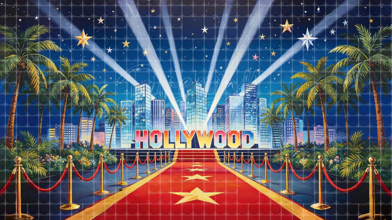 Hollywood Palm Red Carpet digital stage backdrop for theatre projection, dance recital, school musical, community theatre, LED screen background, and printable stage scenery. Suitable for Singin' in the Rain, Singin in the Rain, 42nd Street inspired productions,