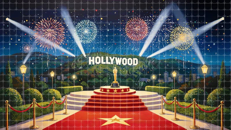 Hollywood Fireworks Awards digital stage backdrop for theatre projection, dance recital, school musical, community theatre, LED screen background, and printable stage scenery. Suitable for Singin' in the Rain, Singin in the Rain, 42nd Street inspired productions,