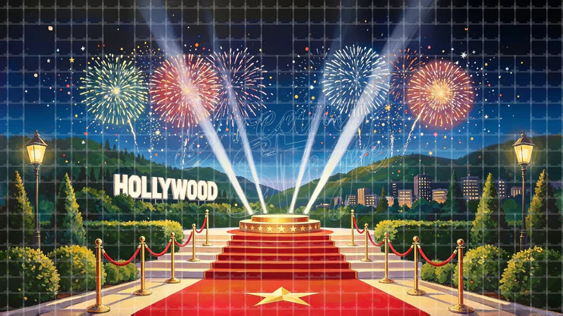 Hollywood Spotlight Red Carpet digital stage backdrop for theatre projection, dance recital, school musical, community theatre, LED screen background, and printable stage scenery. Suitable for Singin' in the Rain, Singin in the Rain, 42nd Street inspired productions,