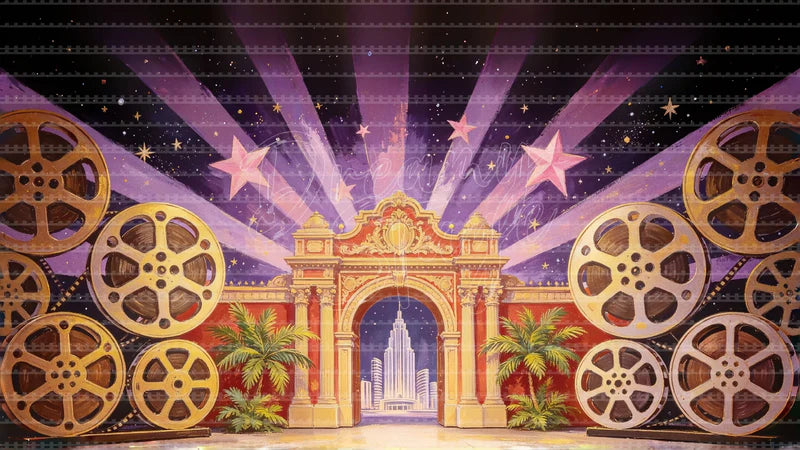 Movie Reel Premiere digital stage backdrop for theatre projection, dance recital, school musical, community theatre, LED screen background, and printable stage scenery. Suitable for Singin' in the Rain, Singin in the Rain, 42nd Street inspired productions,