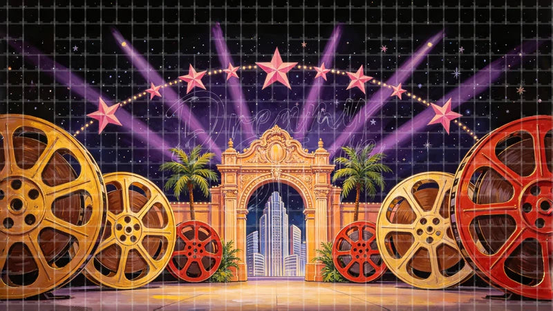 Film Reel Hollywood Entrance digital stage backdrop for theatre projection, dance recital, school musical, community theatre, LED screen background, and printable stage scenery. Suitable for Singin' in the Rain, Singin in the Rain, 42nd Street inspired productions,