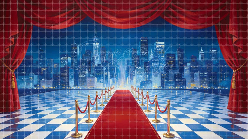 City Skyline Red Curtain digital stage backdrop for theatre projection, dance recital, school musical, community theatre, LED screen background, and printable stage scenery. Suitable for Singin' in the Rain, Singin in the Rain, 42nd Street inspired productions,