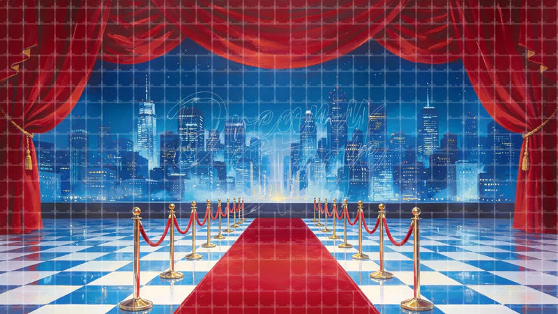 Red Carpet Skyline digital stage backdrop for theatre projection, dance recital, school musical, community theatre, LED screen background, and printable stage scenery. Suitable for Singin' in the Rain, Singin in the Rain, 42nd Street inspired productions,