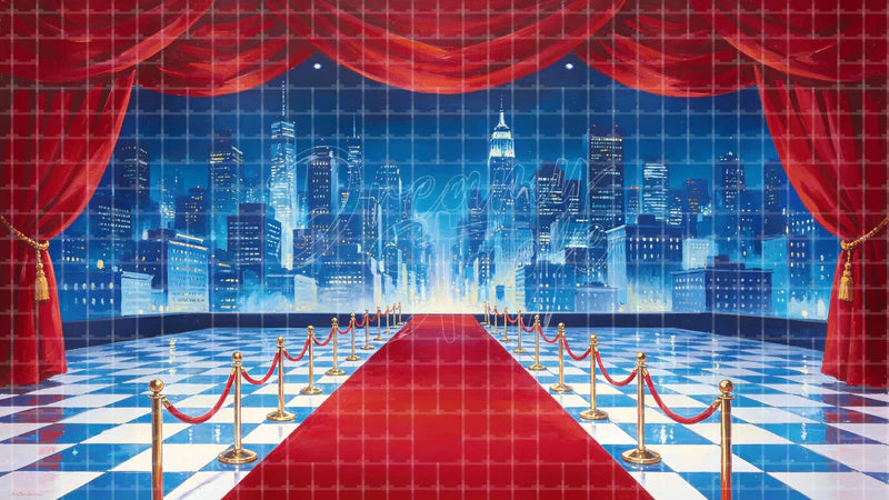 Red Curtain City Premiere digital stage backdrop for theatre projection, dance recital, school musical, community theatre, LED screen background, and printable stage scenery. Suitable for Singin' in the Rain, Singin in the Rain, 42nd Street inspired productions,