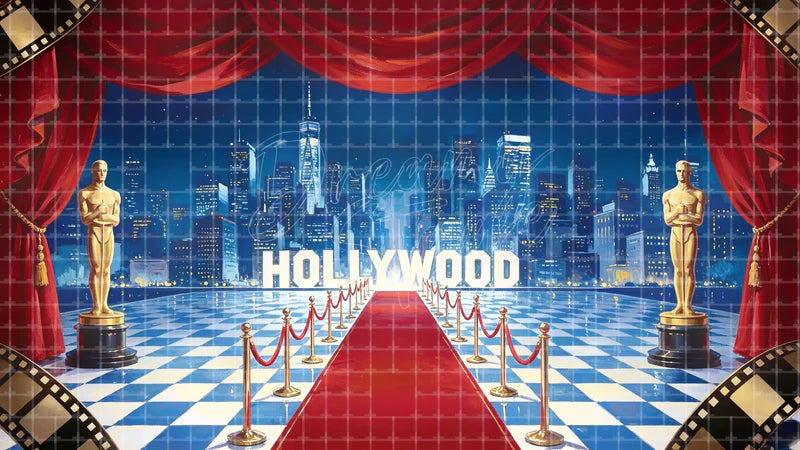 Hollywood Gala Red Carpet digital stage backdrop for theatre projection, dance recital, school musical, community theatre, LED screen background, and printable stage scenery. Suitable for Singin' in the Rain, Singin in the Rain, 42nd Street inspired productions,