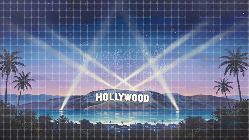 Hollywood Hills Spotlight digital stage backdrop for theatre projection, dance recital, school musical, community theatre, LED screen background, and printable stage scenery. Suitable for Singin' in the Rain, Singin in the Rain, 42nd Street inspired productions,
