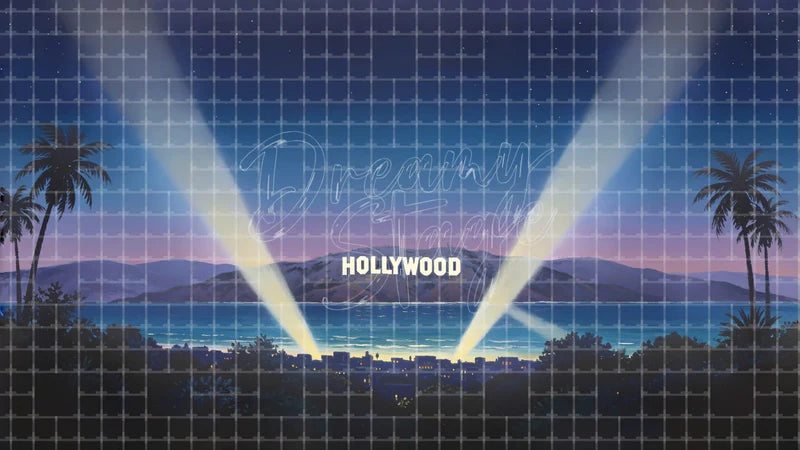 Hollywood Sign Night Lights digital stage backdrop for theatre projection, dance recital, school musical, community theatre, LED screen background, and printable stage scenery. Suitable for Singin' in the Rain, Singin in the Rain, 42nd Street inspired productions,