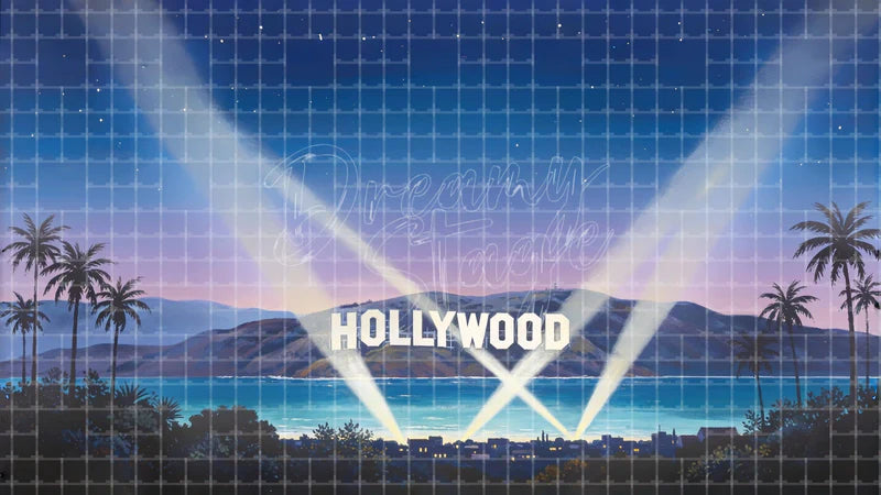 Hollywood Hills Searchlight digital stage backdrop for theatre projection, dance recital, school musical, community theatre, LED screen background, and printable stage scenery. Suitable for Singin' in the Rain, Singin in the Rain, 42nd Street inspired productions,