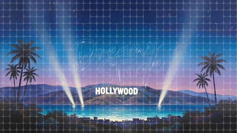 Hollywood Sunset Spotlight digital stage backdrop for theatre projection, dance recital, school musical, community theatre, LED screen background, and printable stage scenery. Suitable for Singin' in the Rain, Singin in the Rain, 42nd Street inspired productions,