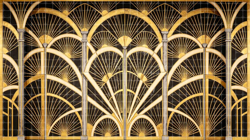 Black Gold Art Deco Fan digital stage backdrop for theatre projection, dance recital, school musical, community theatre, LED screen background, and printable stage scenery. Suitable for The Great Gatsby, Great Gatsby, Chicago inspired productions,